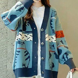 Cartoon Pattern Drop Shoulder Oversized Cardigan Blue